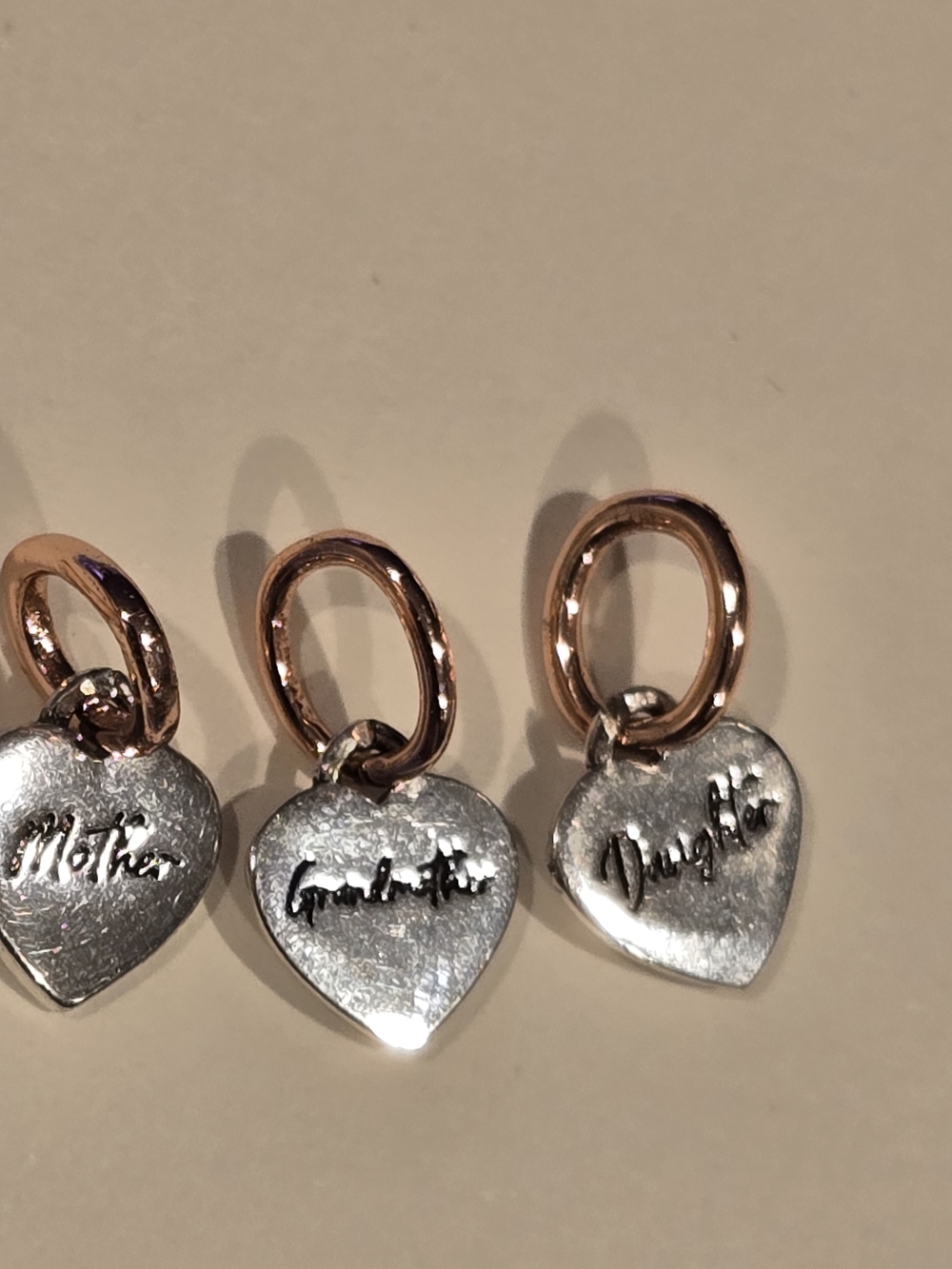 Heart Charm Trio Pendant Set - Silver Hearts with Rose Gold Hoops